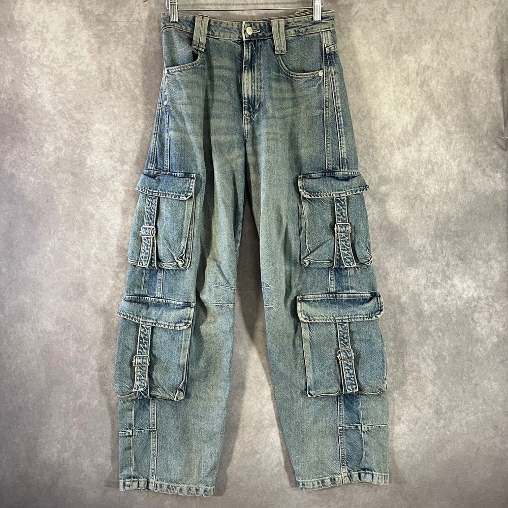 Zara Cargo Jeans Women 4 Blue Multi‎ Pocket High Rise Wide Leg Panelled Casual